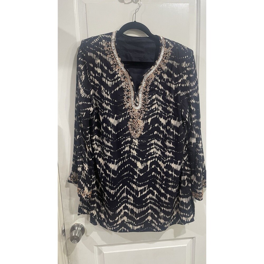 Soft Surroundings Navy/white Akira Beaded Tunic Sz L Batik Print V-Neck Boho